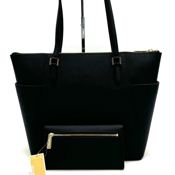 Michael Kors Large Charlotte TZ Tote Bag & Large Trifold Wallet Black/Gold - Picture 5 of 14